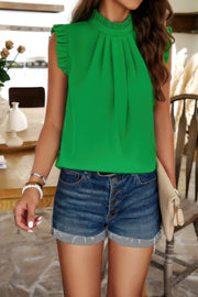 Solid Frill Trim Mock Neck Sleeveless Tunic Blouse