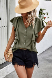 Solid Button Ruffle V Neck Fit Blouse