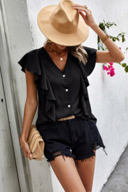 Solid Button Ruffle V Neck Fit Blouse