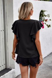 Solid Button Ruffle V Neck Fit Blouse
