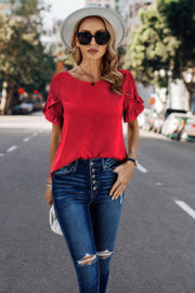 Solid Round Neck Ruffle Sleeve Loose Fit Blouse
