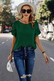 Solid Round Neck Ruffle Sleeve Loose Fit Blouse