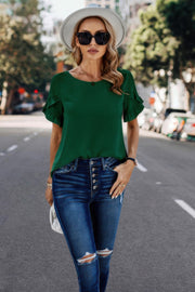 Solid Round Neck Ruffle Sleeve Loose Fit Blouse