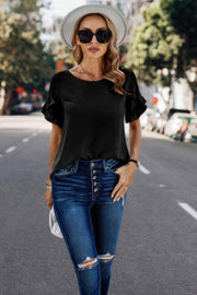 Solid Round Neck Ruffle Sleeve Loose Fit Blouse