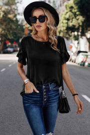 Solid Round Neck Ruffle Sleeve Loose Fit Blouse