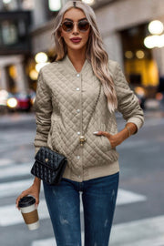 Solid Plaid Stitch Pockets Bomber Jacket