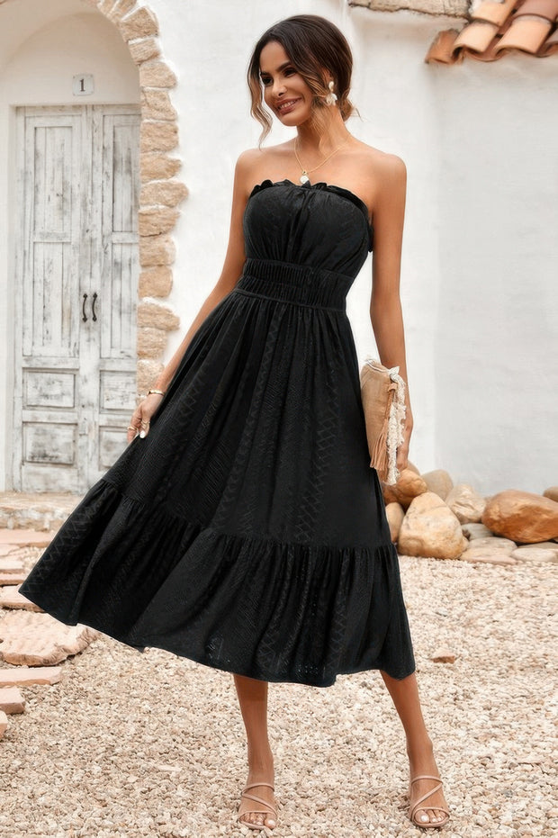 Off Shoulder Lace Trim Strapless Tube A Line Dress