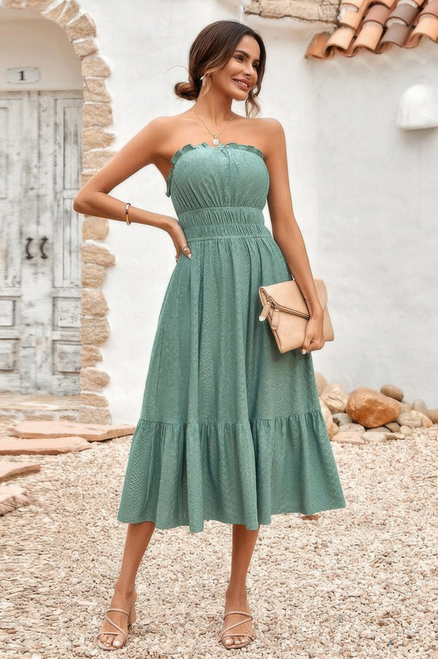 Off Shoulder Lace Trim Strapless Tube A Line Dress