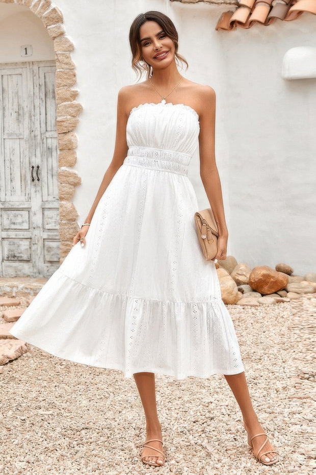 Off Shoulder Lace Trim Strapless Tube A Line Dress
