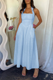 Halter Solid Pockets Sleeveless A Line Long Dress