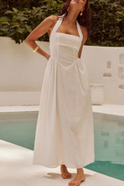 Halter Solid Pockets Sleeveless A Line Long Dress