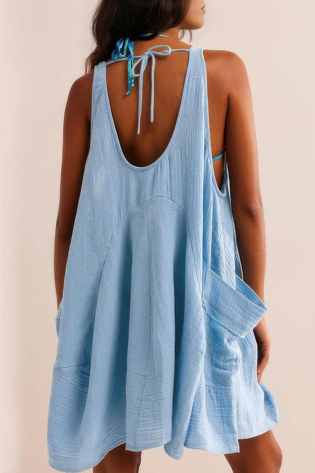 U Neck Backless Sleeveless Mini Pocket Dress