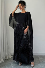 Elegant Sequin Satin Knit Pleated Long Dress