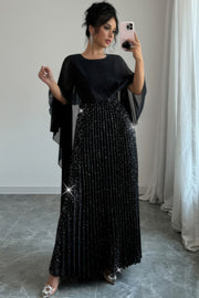 Elegant Sequin Satin Knit Pleated Long Dress