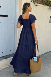 Cross V Neck Knot Pockets Ruffle Hem Dress
