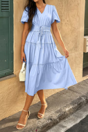 Solid V Neck Puff Sleeve Elastic Waist Dress