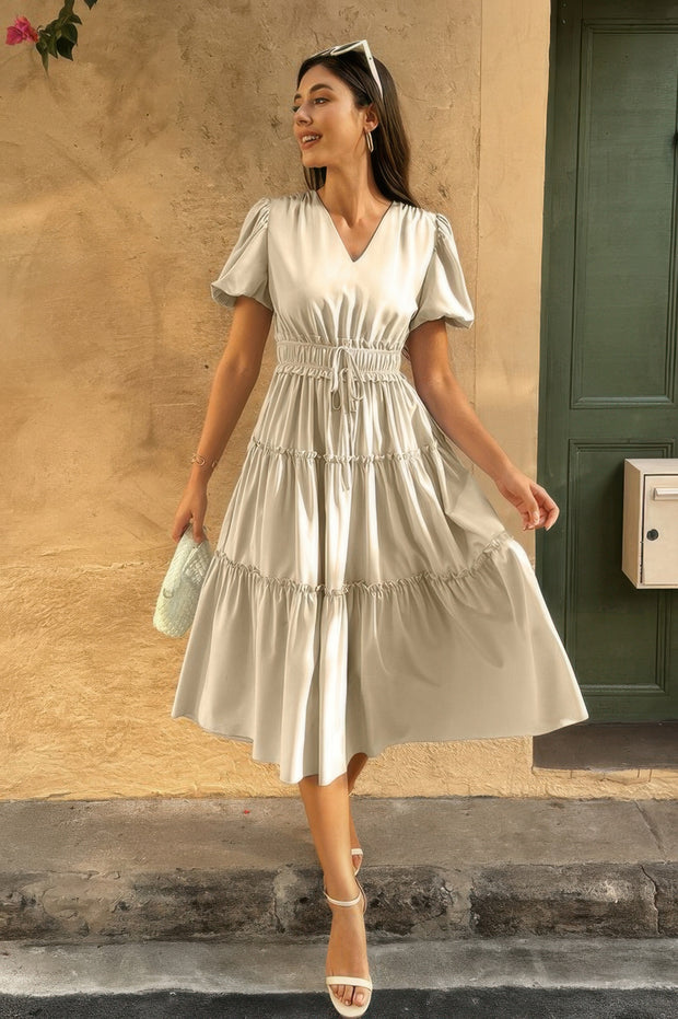 Solid V Neck Puff Sleeve Elastic Waist Dress
