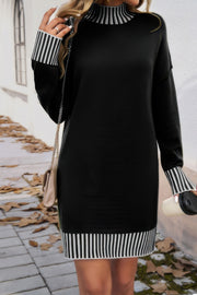 Turtle Mock Neck Solid Knit Stretch Sweater Dress