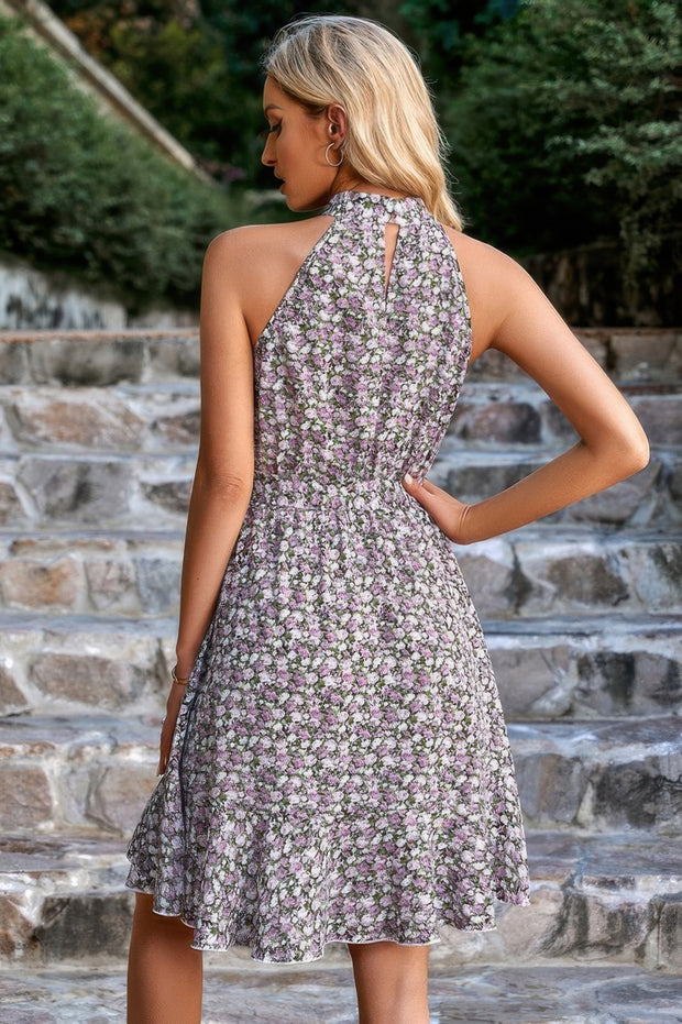 Halter Neck Sleeveless Floral Print Ruffle Dress