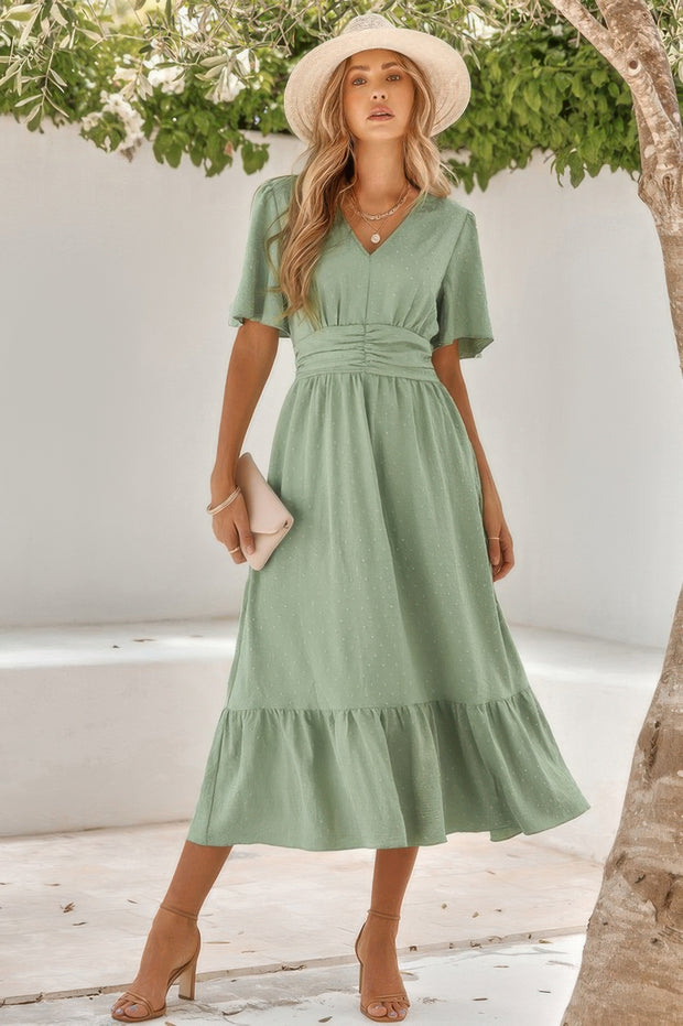 Solid V Neck Belted Wrap Layered Midi Dress