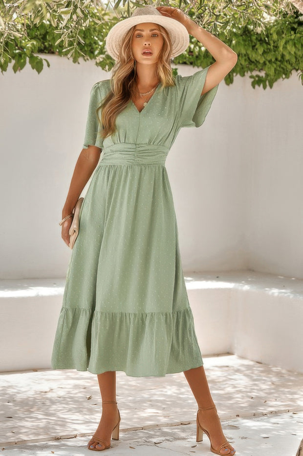 Solid V Neck Belted Wrap Layered Midi Dress