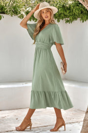 Solid V Neck Belted Wrap Layered Midi Dress
