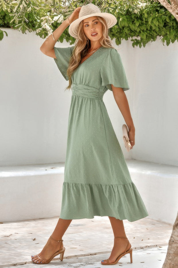 Solid V Neck Belted Wrap Layered Midi Dress