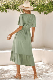 Solid V Neck Belted Wrap Layered Midi Dress