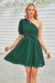 One Shoulder Polka Dot Puff Sleeve Ruffle Dress