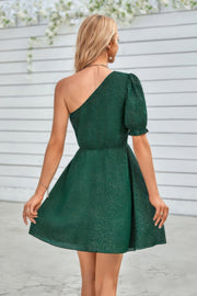 One Shoulder Polka Dot Puff Sleeve Ruffle Dress