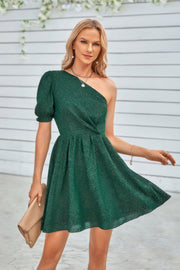 One Shoulder Polka Dot Puff Sleeve Ruffle Dress