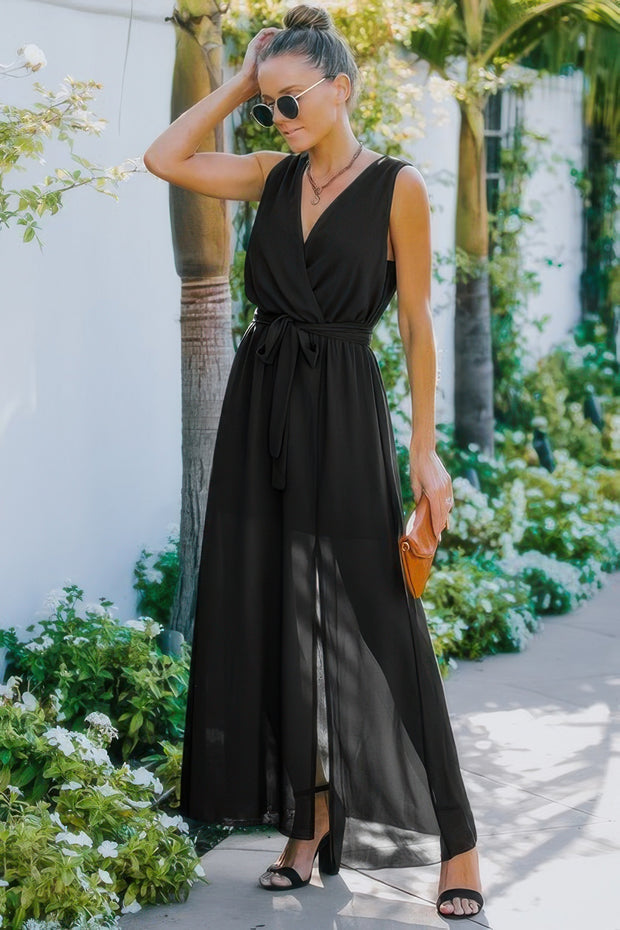 Solid Cross V Neck Sleeveless Tie Waist Split Dress