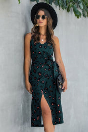 Sleeveless Print Split Thigh Belted Cami Dress