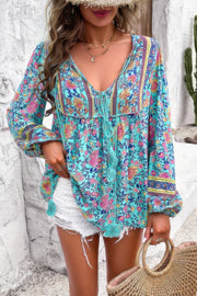 All Over Floral Print Cross Deep V Boho Top