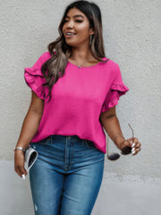 Plus Size Round Neck Ruffle Solid Loose Shirt