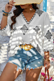 Plus V Neck Geometric Printed Embroidered Peplum Shirt