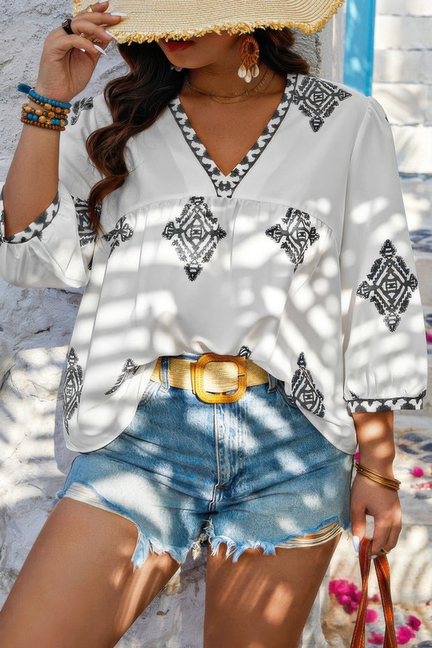 Plus V Neck Geometric Printed Embroidered Peplum Shirt