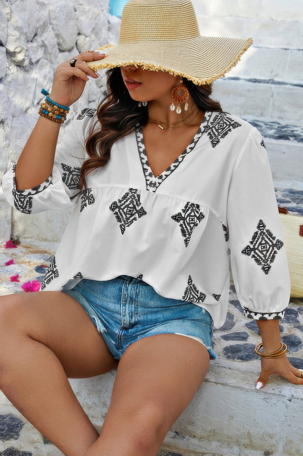 Plus V Neck Geometric Printed Embroidered Peplum Shirt