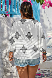 Plus V Neck Geometric Printed Embroidered Peplum Shirt