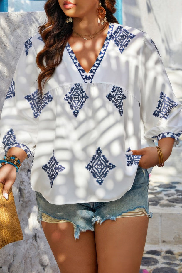 Plus V Neck Geometric Printed Embroidered Peplum Shirt