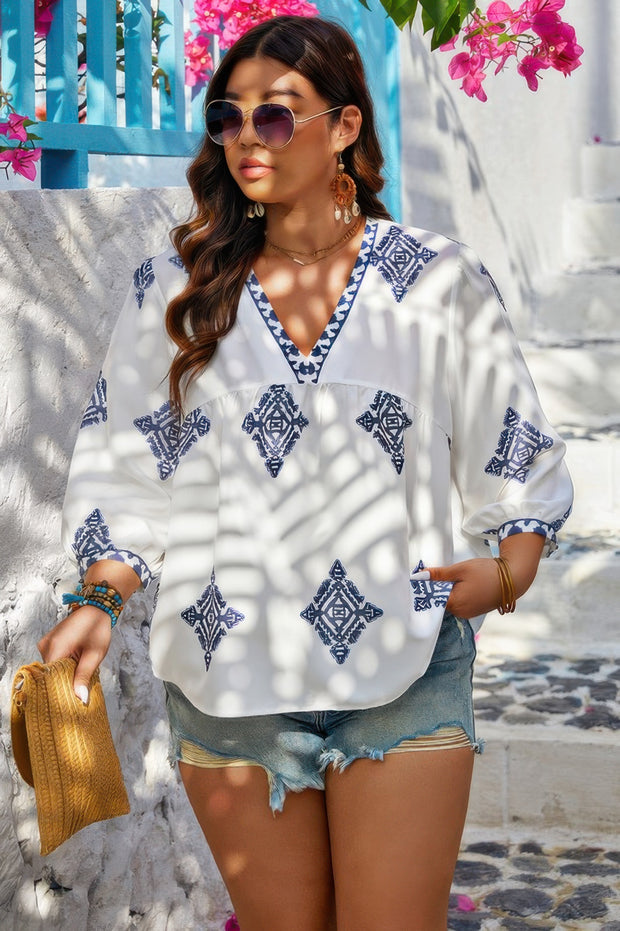 Plus V Neck Geometric Printed Embroidered Peplum Shirt