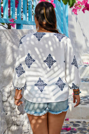 Plus V Neck Geometric Printed Embroidered Peplum Shirt