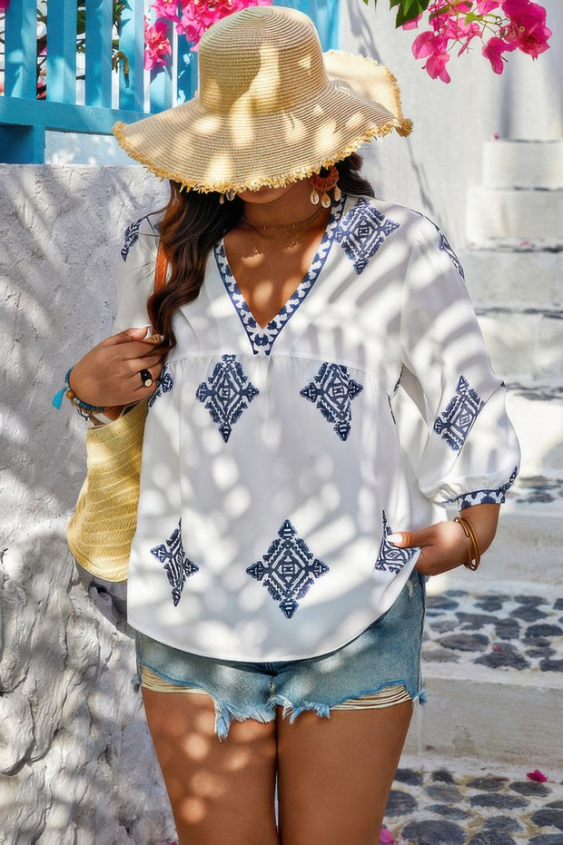 Plus V Neck Geometric Printed Embroidered Peplum Shirt