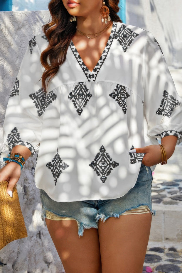Plus V Neck Geometric Printed Embroidered Peplum Shirt