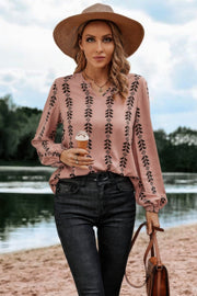 Graphic Print Strip Loose Fit V Neck Blouse