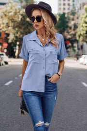 V Neck Button Down Roll Up Sleeve Loose Pocket Blouse