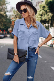 V Neck Button Down Roll Up Sleeve Loose Pocket Blouse