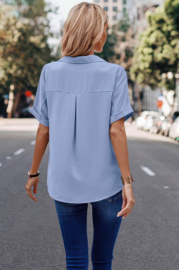 V Neck Button Down Roll Up Sleeve Loose Pocket Blouse