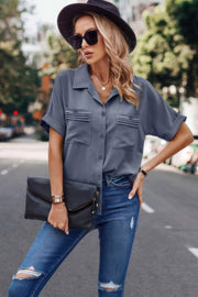 V Neck Button Down Roll Up Sleeve Loose Pocket Blouse