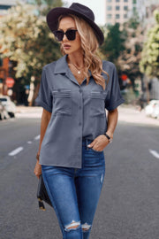V Neck Button Down Roll Up Sleeve Loose Pocket Blouse